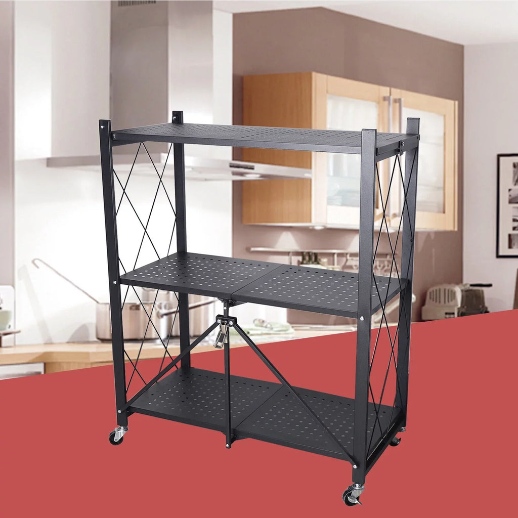 Foldable Storage Metal Rolling Rack Holder Kitchen Cart Wheel with Movable Shelves Trolley Utility Miumaeov 3-Tier (Black)
