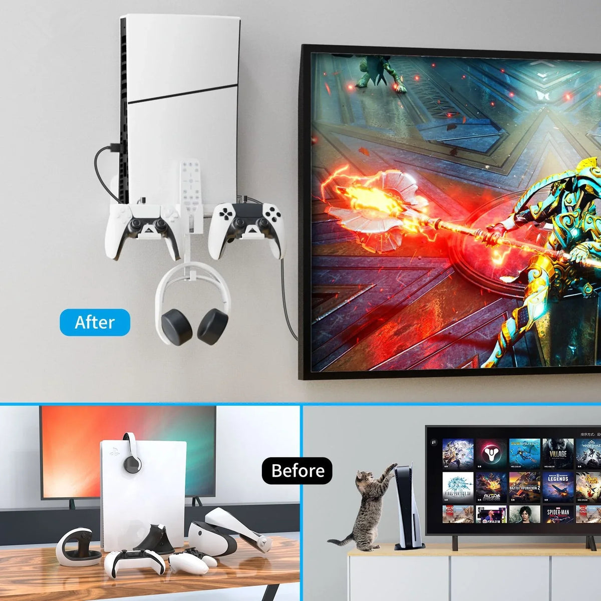 Cable Space-Saving, PS5 Durable Charging Slim Convenient for Wall Storage Mount Bracket Secure, and with Iron Set Dual