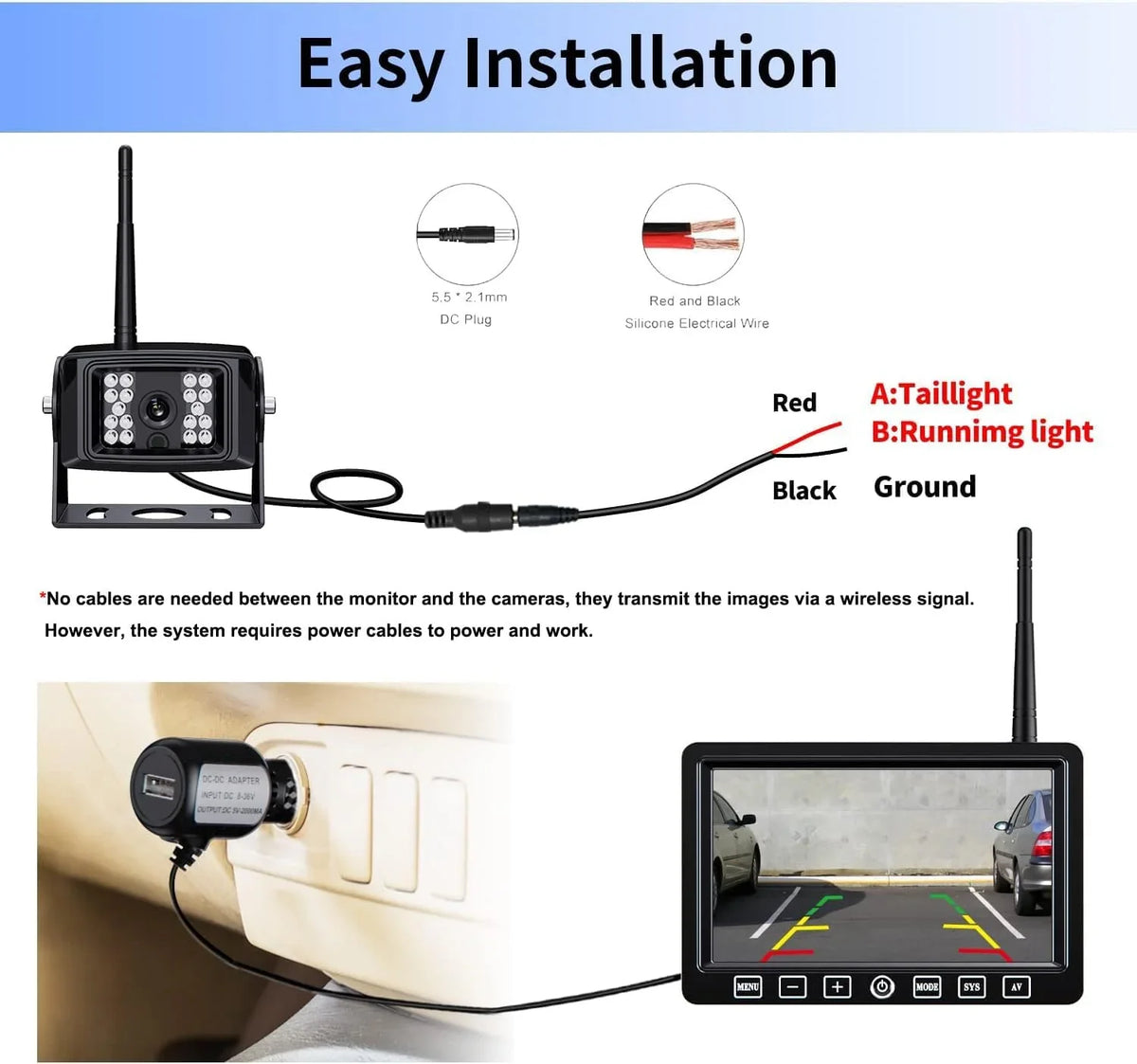Monitor Truck/RV-B4C Backup 7'' ZEROXCLUB Wireless for Camera HD 1080P Digital Truck/Semi-Trailer/Box System Kit Waterproof Rear View DVR IP69 Camera