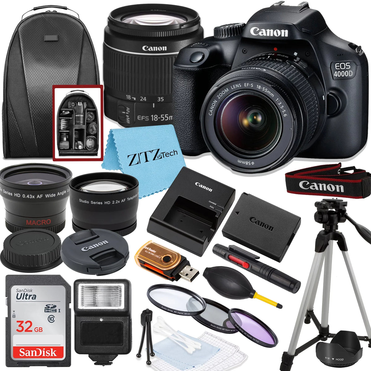 Rebel Memory, 4000D DSLR / Tripod, Camera SanDisk and Bundle 18-55mm EOS ZeeTech Canon with 32GB Lens, Backpack T100
