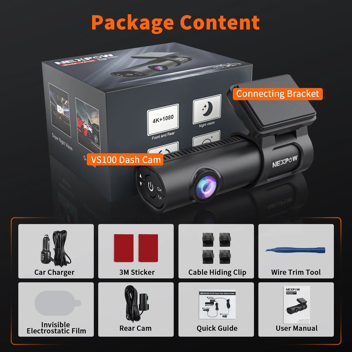 Dash Max IPS Parking Built-in Capacitor, 24H Cam Angle, Screen, Wide 128GB WDR, GPS, with Camera Mode, NEXPOW 170° Dash Vision, 4K Car Support Super and Night Rear Front Cam, with 1.47"