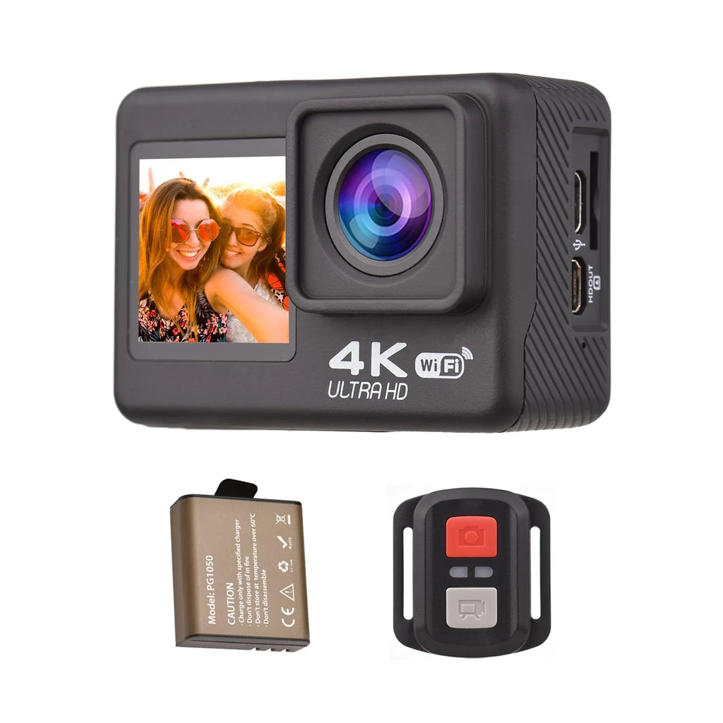 Screen, WiFi Dual Ultra Black Waterproof, Wide Camera, Kit, 30 Angle, Accessories 170° Mounting Definition Meters Action Radirus with High Camera 4K60FPS Sports