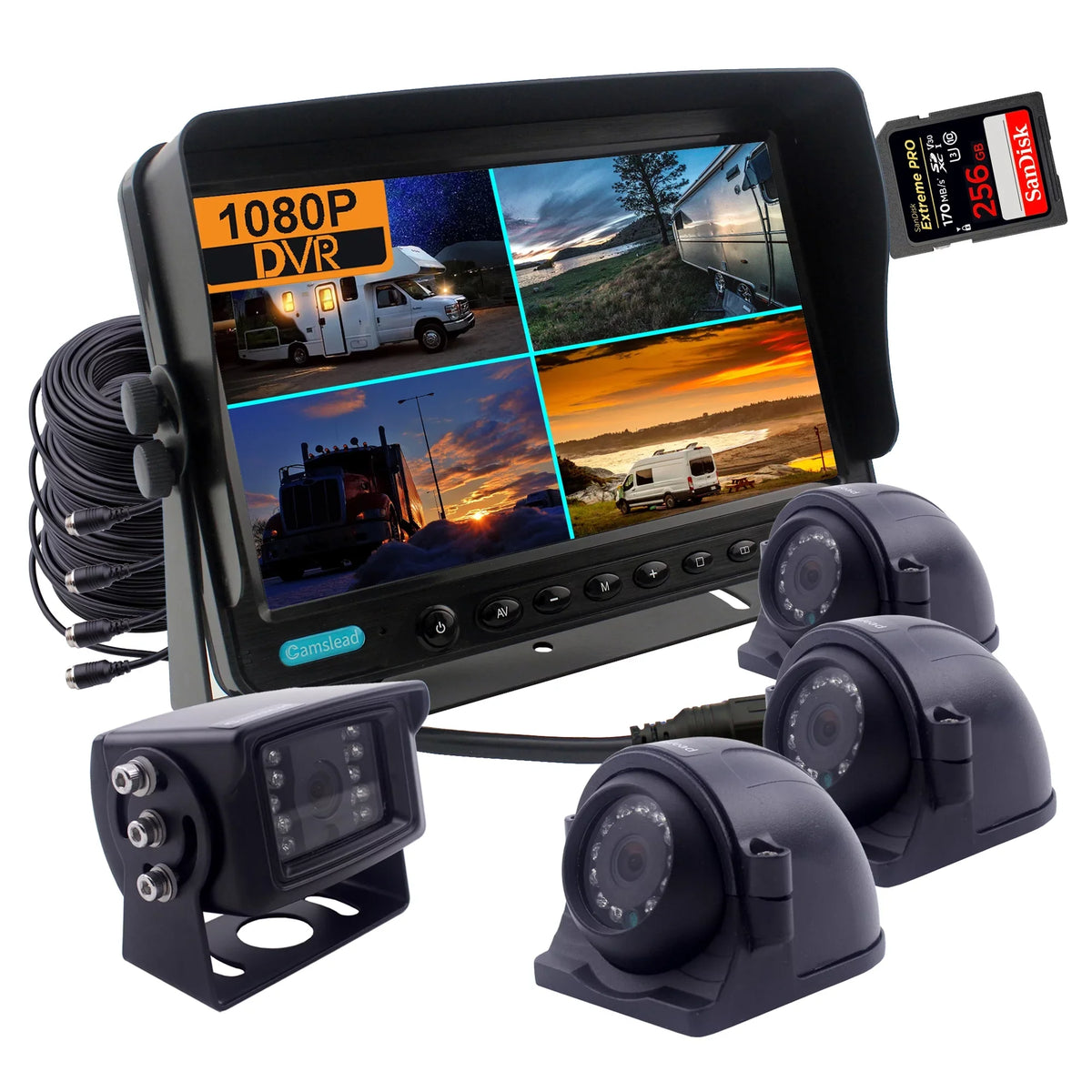 Heavy Split System, 4 Screen, RV 1080P View Backup Recorder, Quad 3X CAMSLEAD Camera, Trailer for View HD inch Camera, 1x Camera Input, HD Side Channel monitor Rear digital 9 Duty DVR Waterproof,