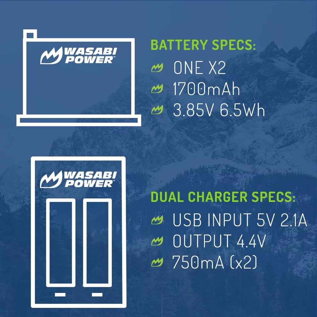 Dual (2-Pack) and ONE Wasabi Battery X2 (Not Power for Charger Insta360 Waterproof)