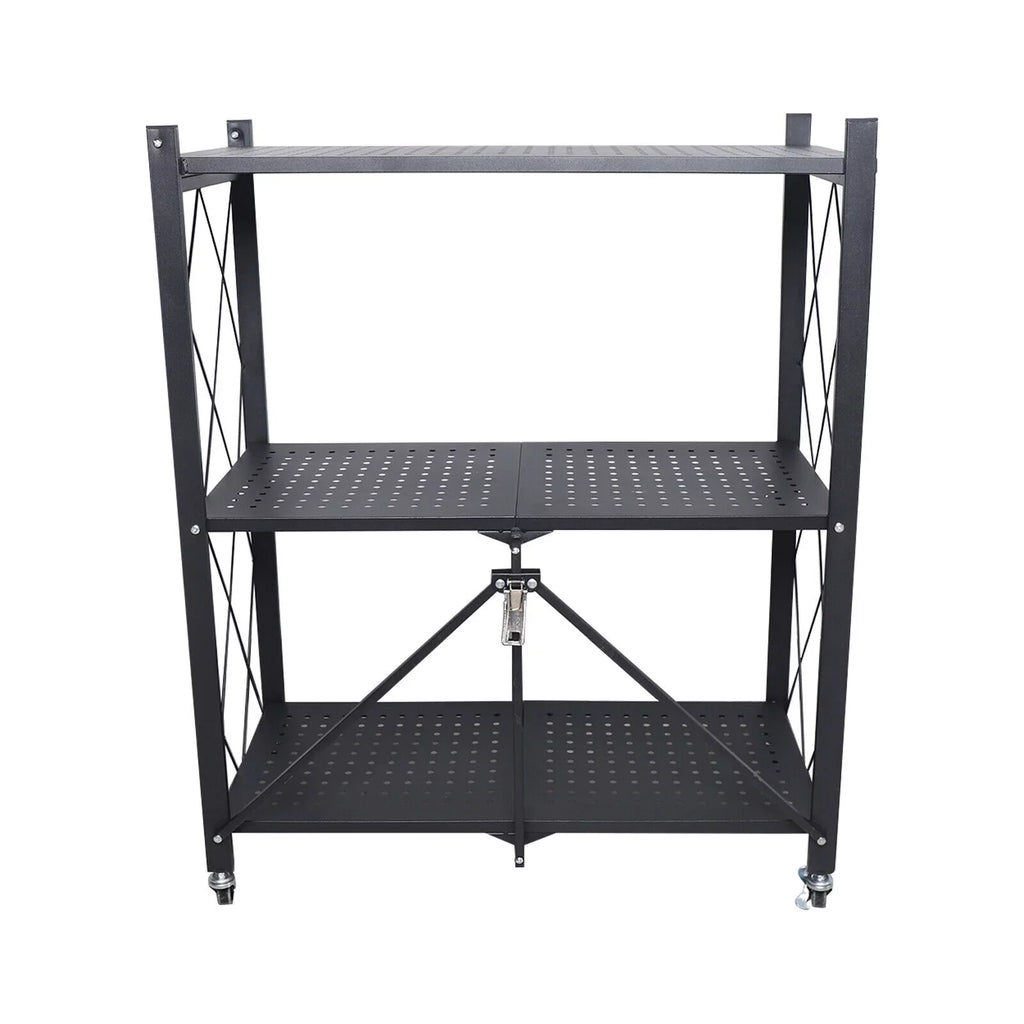 Foldable Storage Metal Rolling Rack Holder Kitchen Cart Wheel with Movable Shelves Trolley Utility Miumaeov 3-Tier (Black)