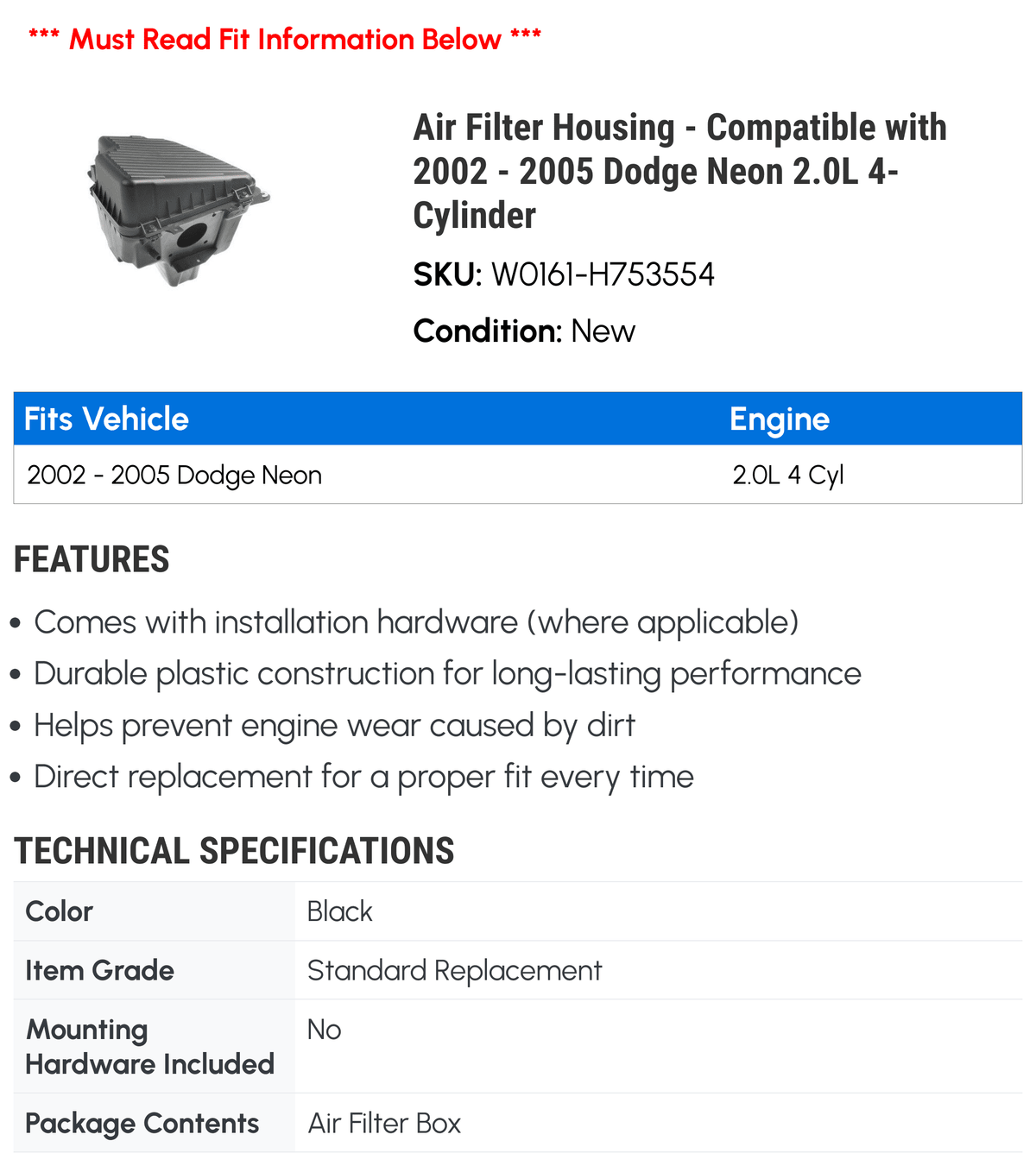 Compatible - 2005 2.0L Air Housing 2004 Filter 2003 4-Cylinder - with 2002 Dodge Neon