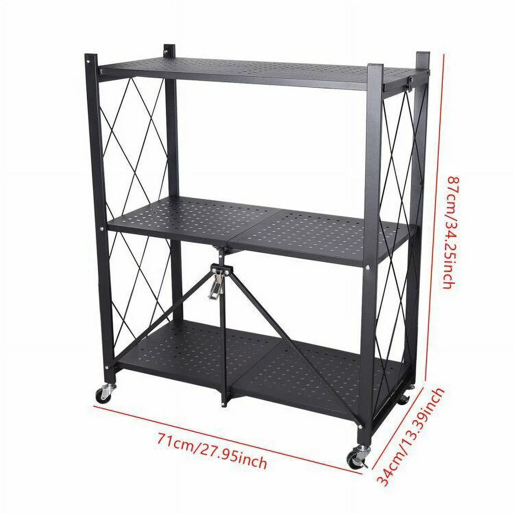 Foldable Storage Metal Rolling Rack Holder Kitchen Cart Wheel with Movable Shelves Trolley Utility Miumaeov 3-Tier (Black)