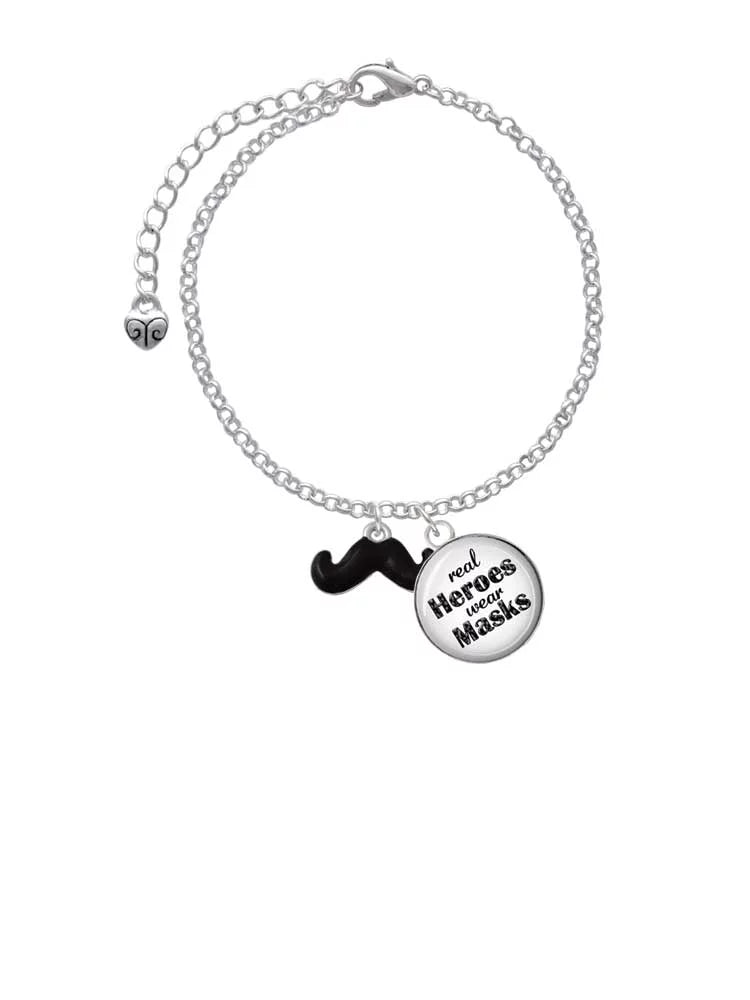 Real Jewelry Enamel Black Delight Small Heroes Dome Bracelet Masks Charm Mustache Wear Silvertone