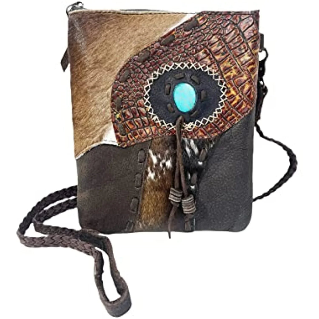 Brown) Tassel Cowhair Tooled Handbag Purse (Dark Bag Teal Tote Hand Western Crossbody Urbalabs Stone Purses Stitched Leather