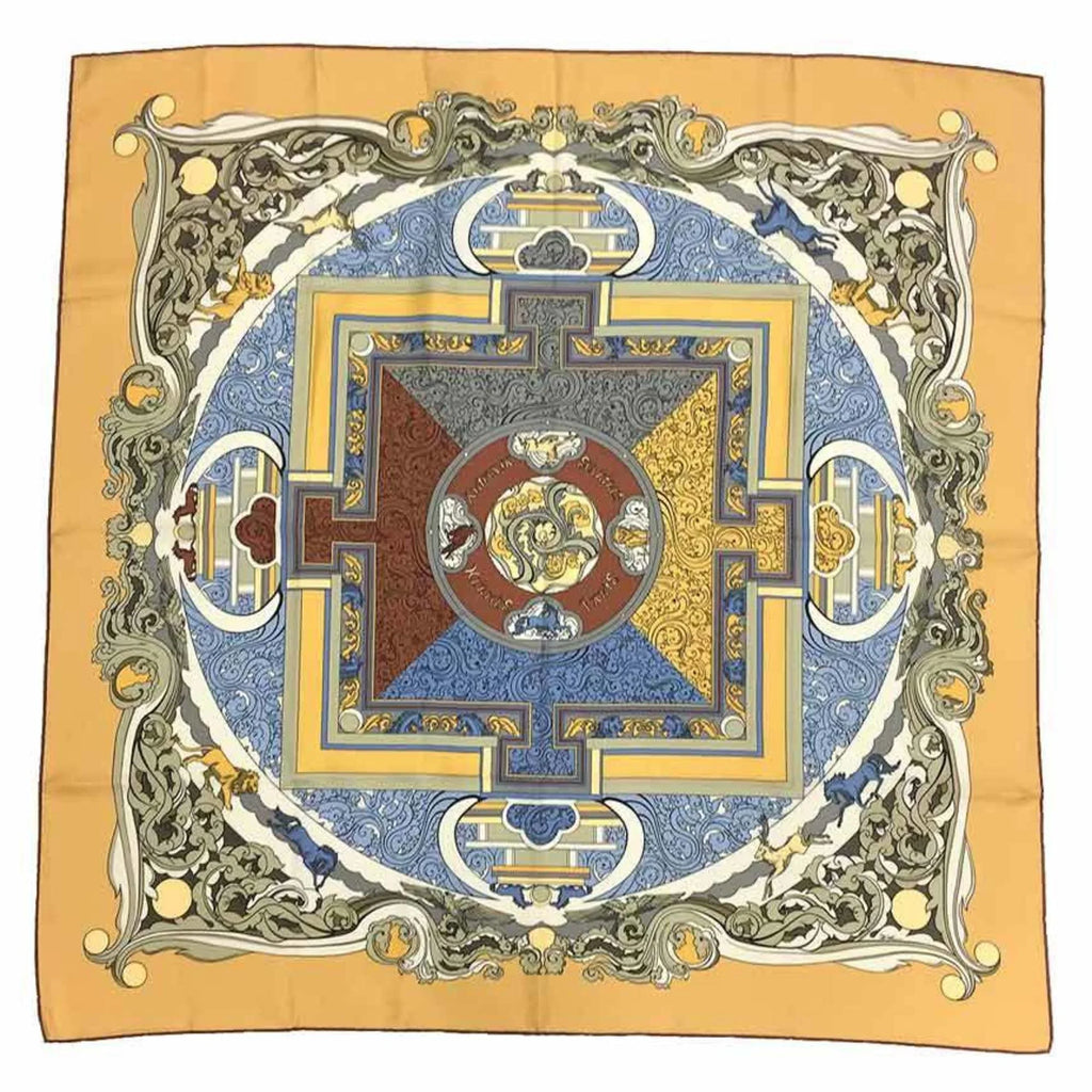 New) Kare90 ANIMAUX Hermes Pre-Owned Animals Muffler (Like 100% of the Sun Cream Scarf Silk SOLAIRES Yellow HERMES