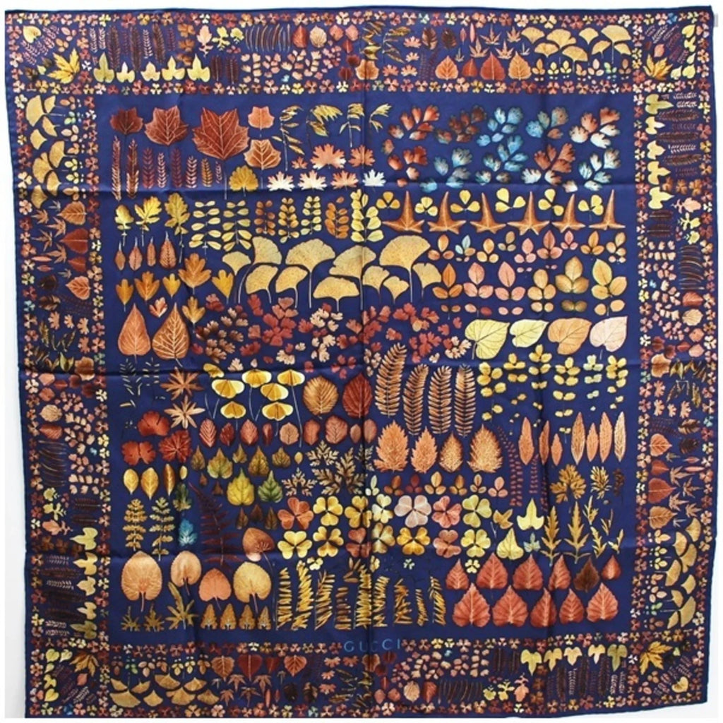 Pattern Gucci Navy Fallen x Pre-Owned Scarf (Good) Ladies Brown Leaves GUCCI Silk Muffler