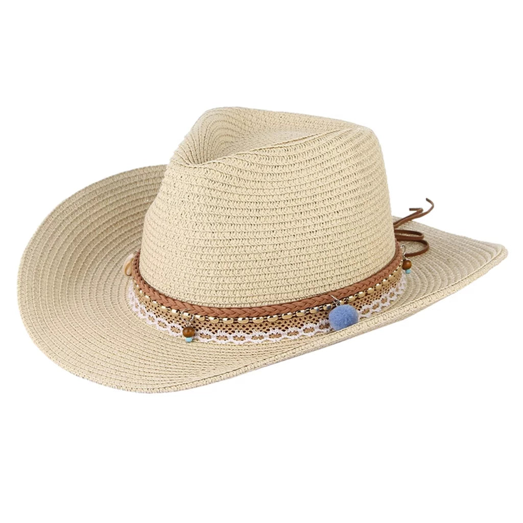 Straw Sun Beige Cowboy Style Hat Packable Brim Floppy Women Trilby Big Western