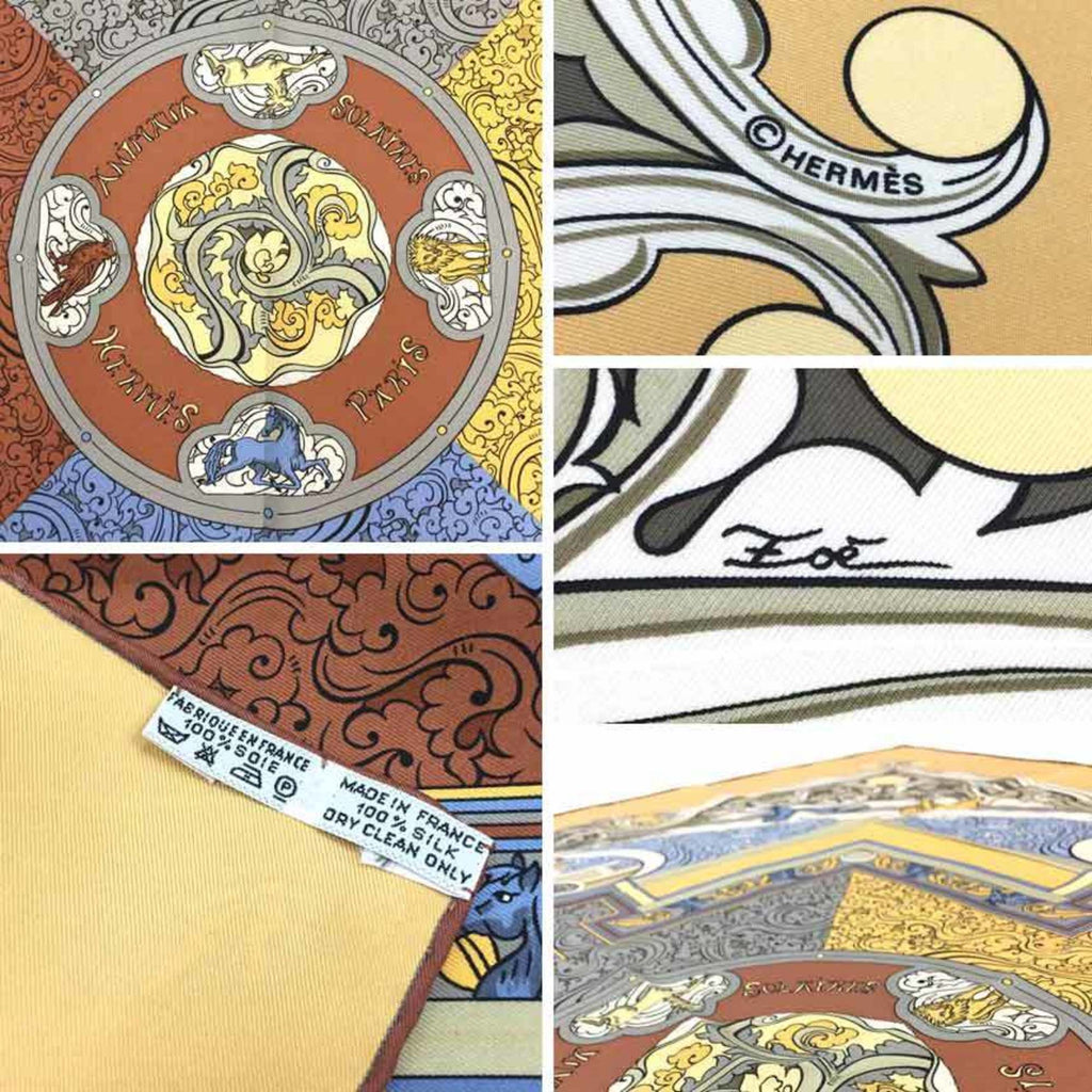 New) Kare90 ANIMAUX Hermes Pre-Owned Animals Muffler (Like 100% of the Sun Cream Scarf Silk SOLAIRES Yellow HERMES