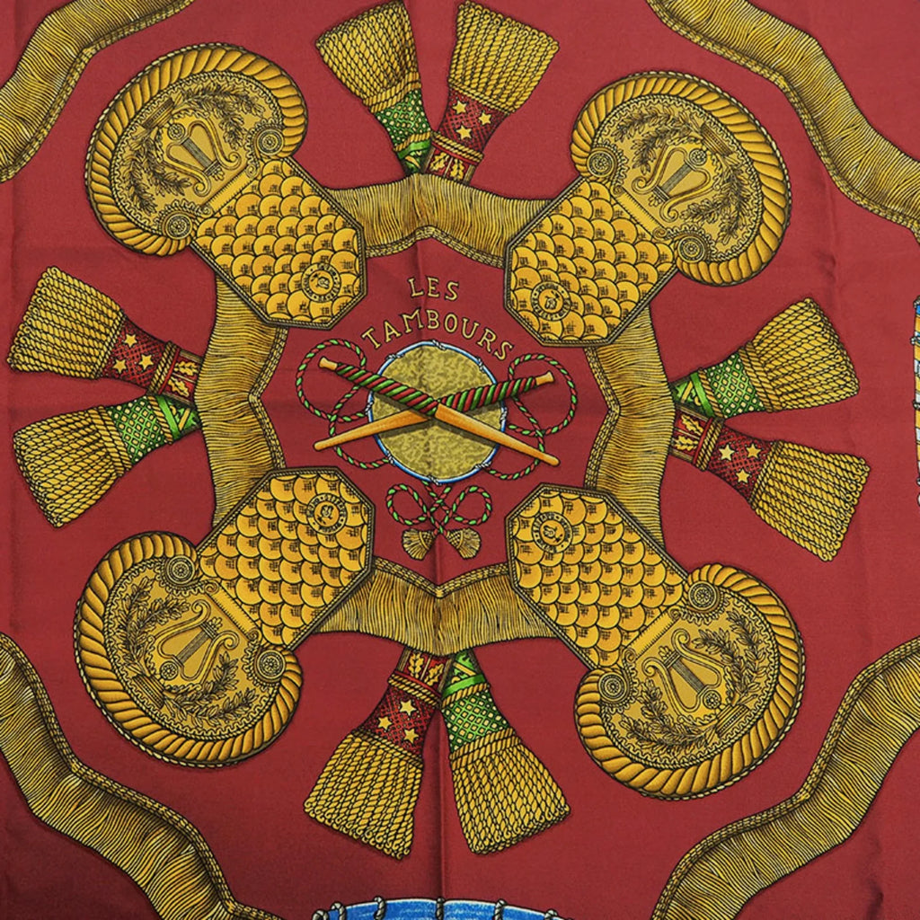 Red (Good) Hermes TAMBOURS Carre Blue Taiko Tambour x LES Scarf Pre-Owned 90 HERMES Muffler