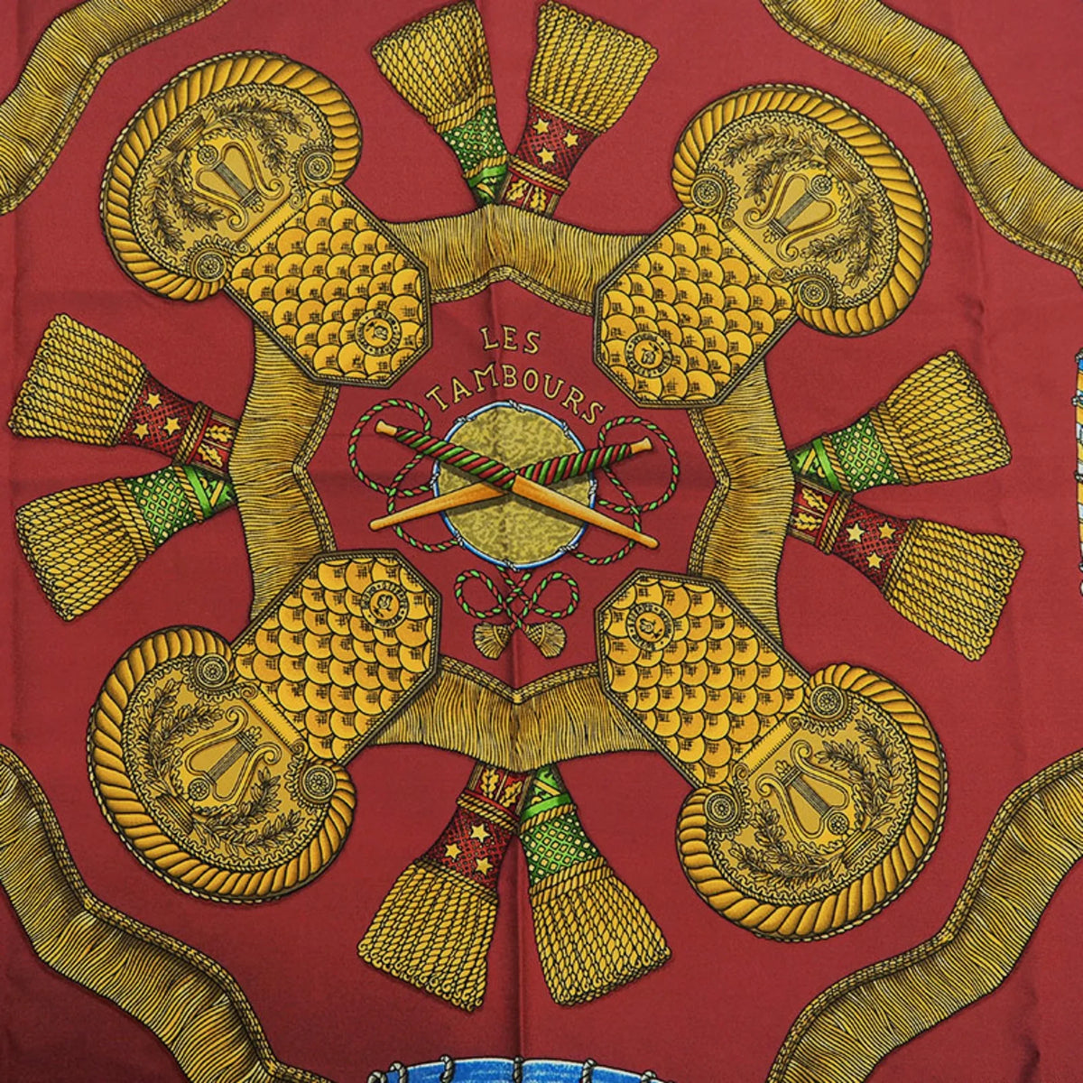 Red (Good) Hermes TAMBOURS Carre Blue Taiko Tambour x LES Scarf Pre-Owned 90 HERMES Muffler