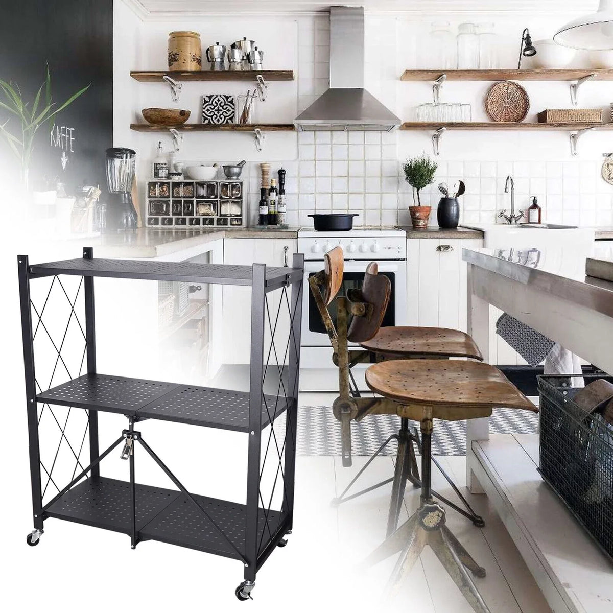 Foldable Storage Metal Rolling Rack Holder Kitchen Cart Wheel with Movable Shelves Trolley Utility Miumaeov 3-Tier (Black)