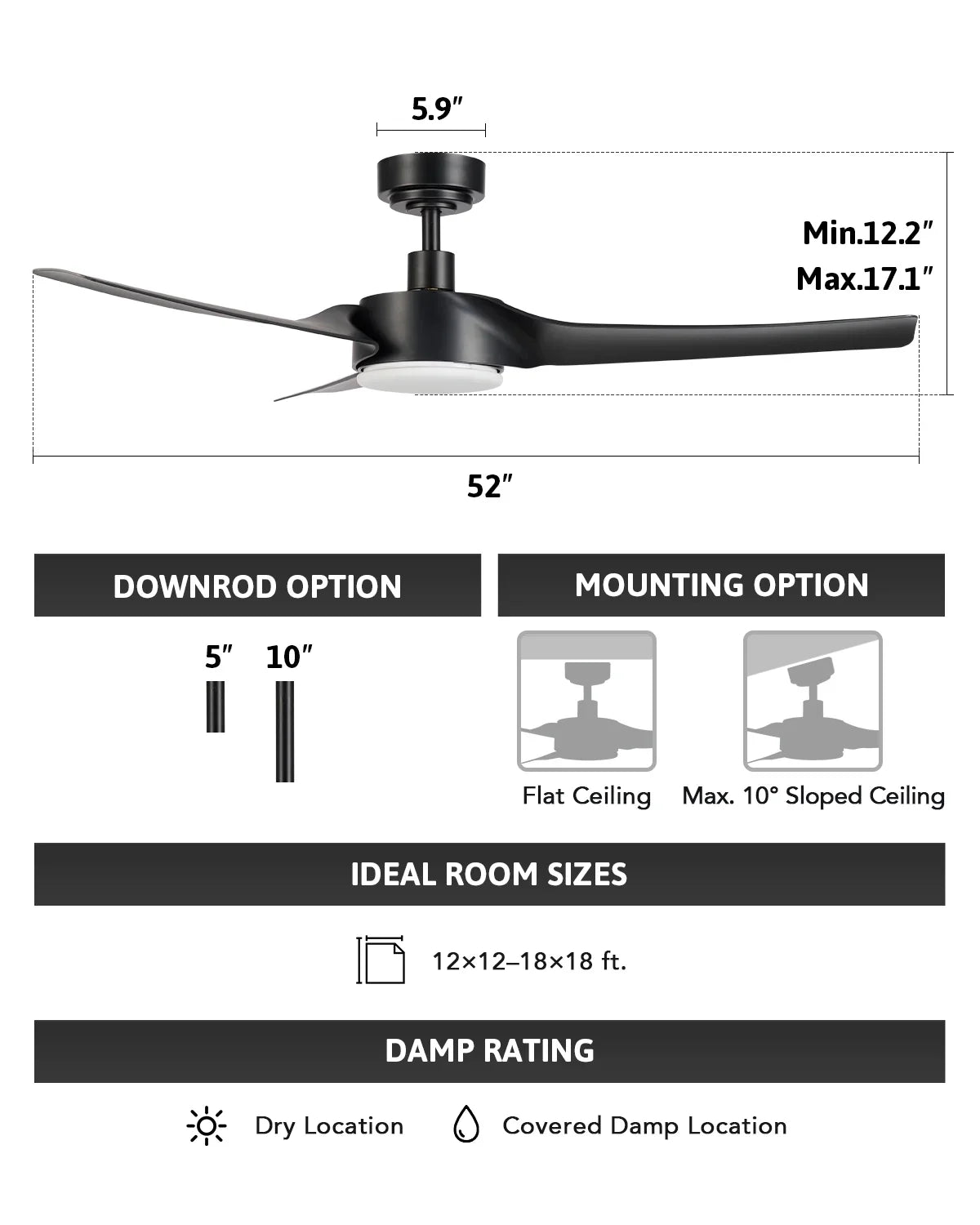 Black Fan Remote, Dimmable & 52" Bestco Ceiling Light with Smart Modern Kit