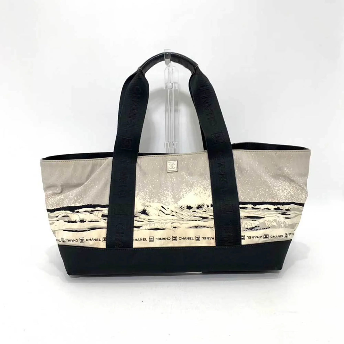 Tote Black Bag Line High Sports Ladies CHANEL Men's Canvas (Fair) Handbag Pre-Owned Pattern Gray x Summer Wave Horizontal Nylon