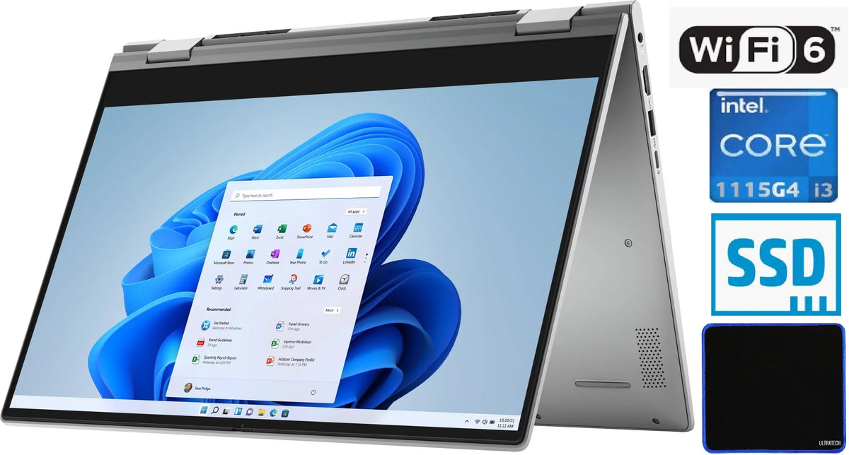 Silver/ 6/ 5000 Webcam/ / Win Intel Pad Dell Mouse i3-1115G4/ UltraTech 10/Platinum 14" Inspiron 256GB 11th / WiFi SSD/ with HD Bluetooth/ Core Bundled Touch-Screen 8GB 2-in-1 Laptop DDR4/ Gen