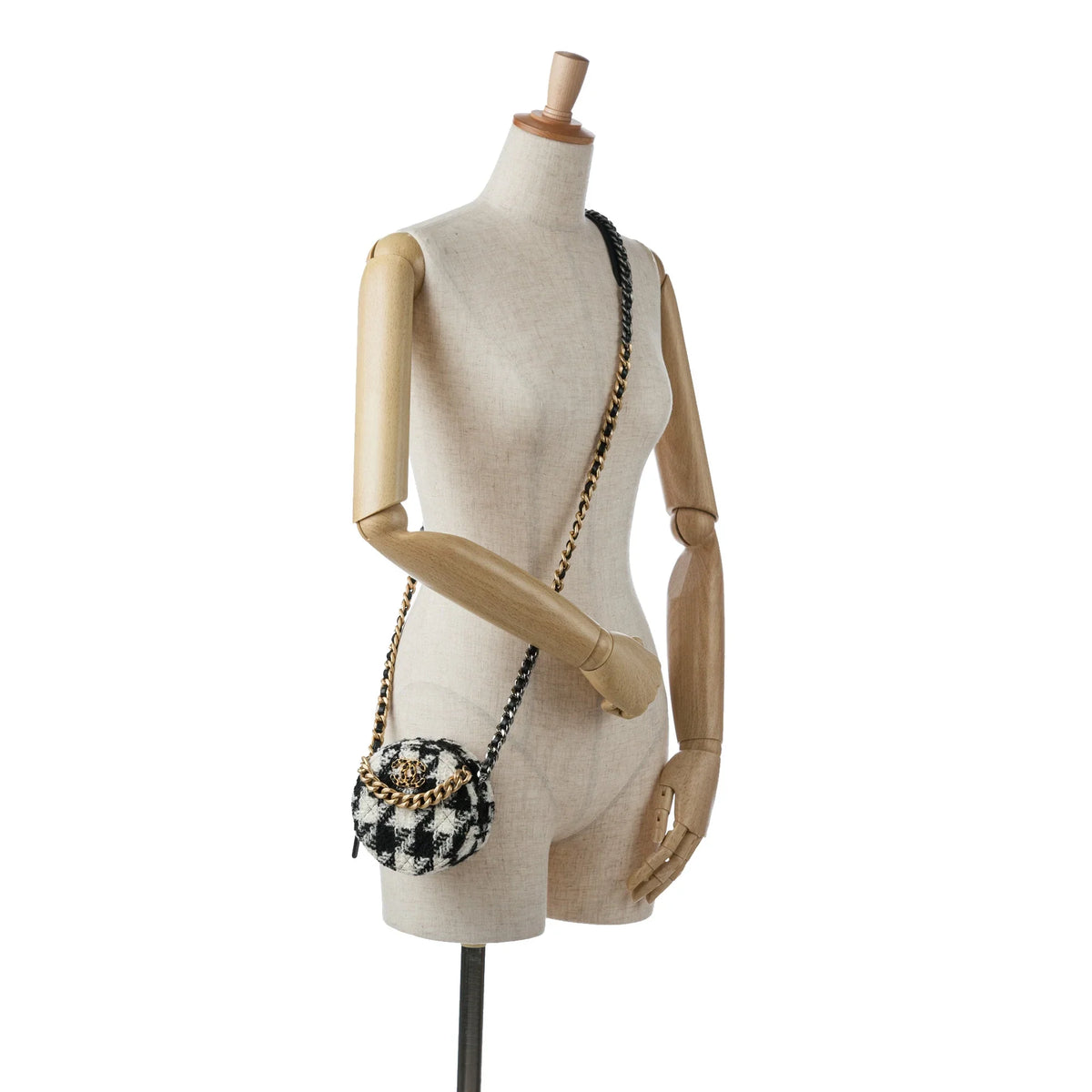 Crossbody Unisex Chanel and (Good) Black Purse with Lambskin Clutch Fabric 19 Chain Coin Round Tweed Pre-Owned Authenticated Bag