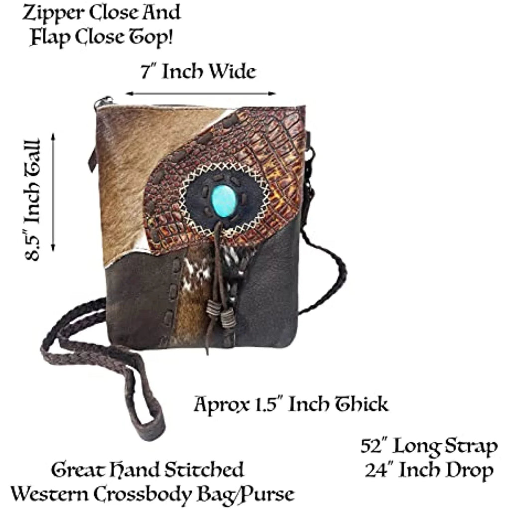 Brown) Tassel Cowhair Tooled Handbag Purse (Dark Bag Teal Tote Hand Western Crossbody Urbalabs Stone Purses Stitched Leather
