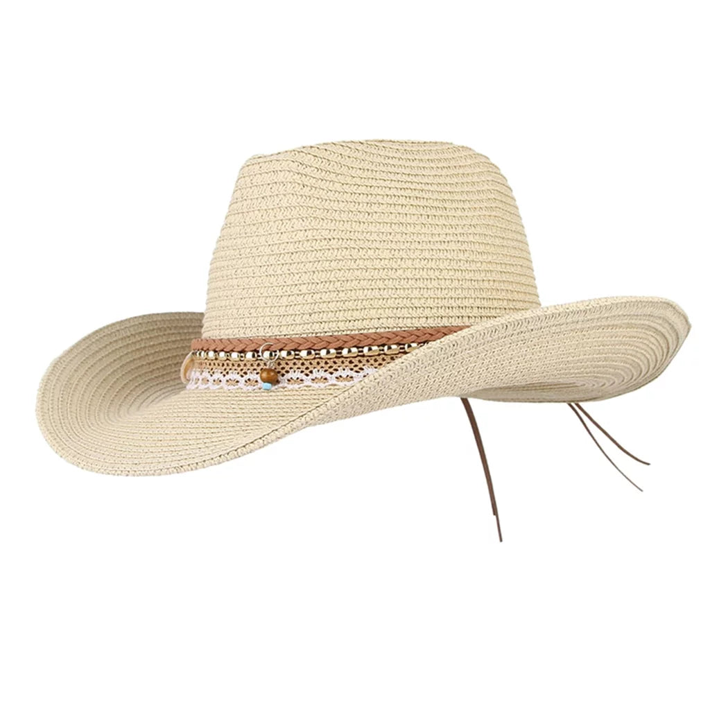 Straw Sun Beige Cowboy Style Hat Packable Brim Floppy Women Trilby Big Western