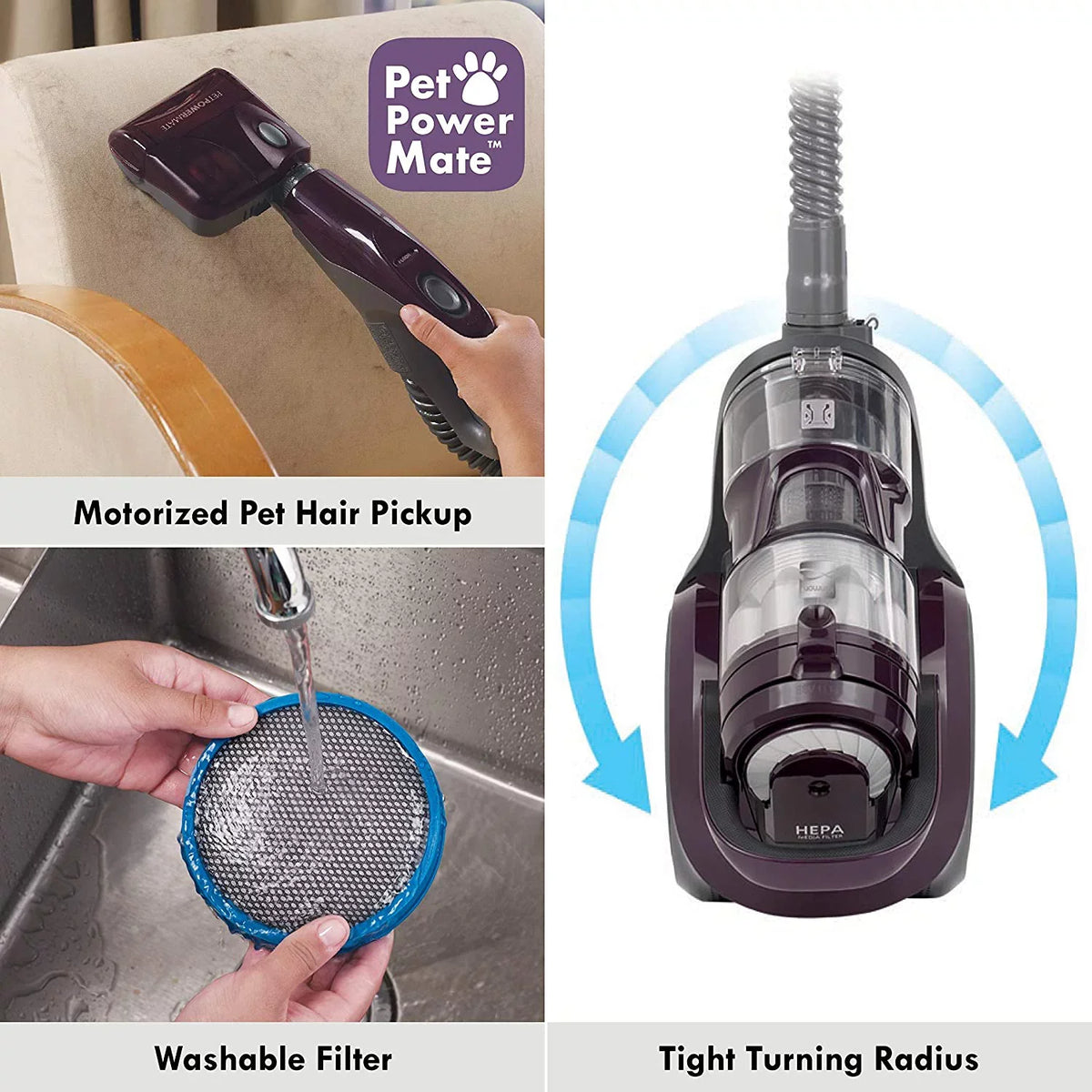 Power, Purple HEPA, Cord 2 Lightweight Tools, Telescoping PowerMate FJU Retractable and Bagless Extended + Compact Pet Motor Friendly 2 Canister Vacuum, Wand, Cleaning