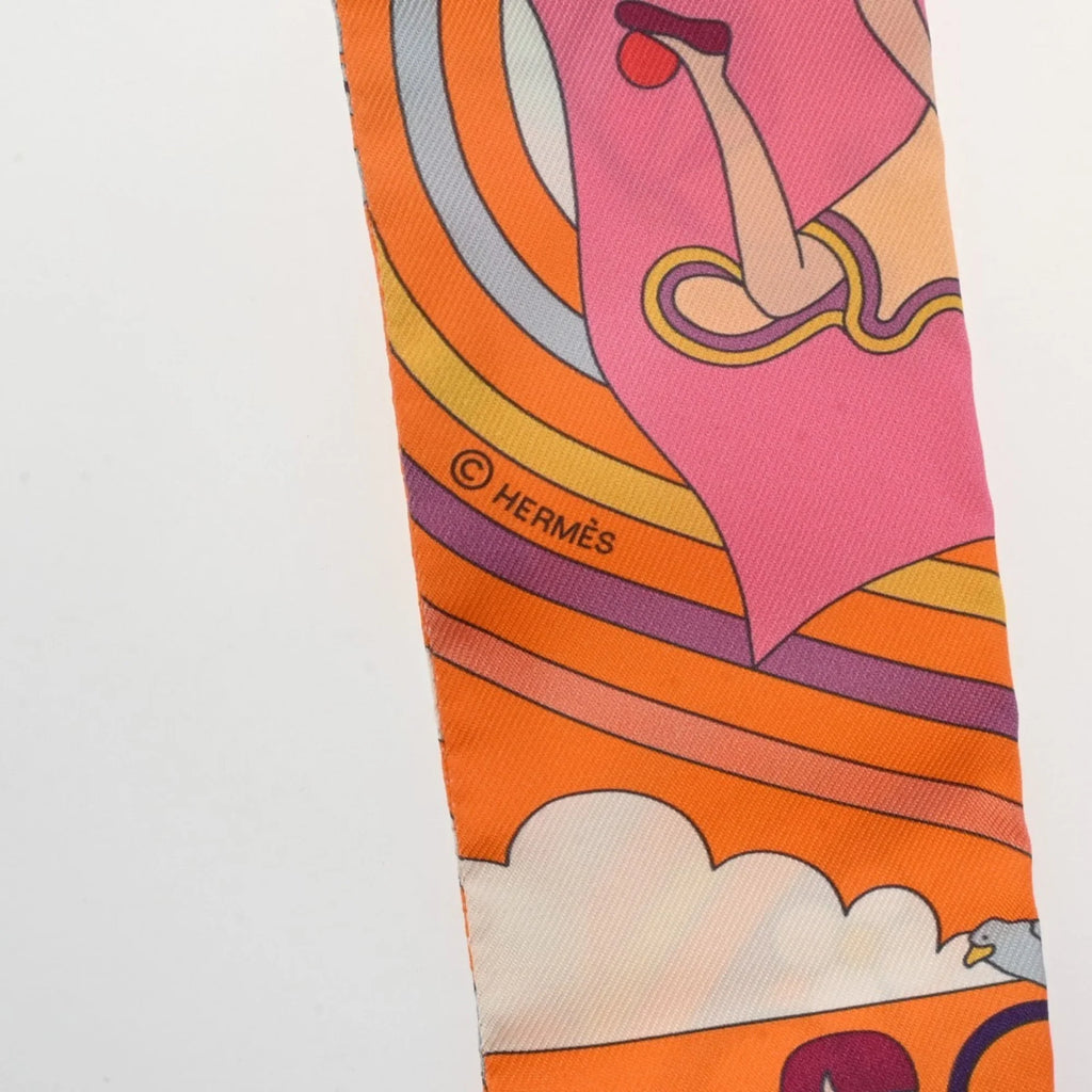 Volants HERMES New) Scarf Women's Pre-Owned Silk Twilly - (Like Carres Orange/Rose/Mauve 100% Muffler