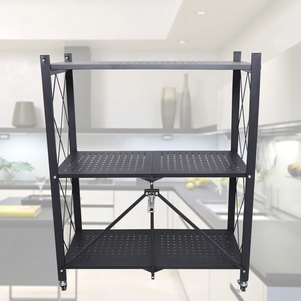 Foldable Storage Metal Rolling Rack Holder Kitchen Cart Wheel with Movable Shelves Trolley Utility Miumaeov 3-Tier (Black)