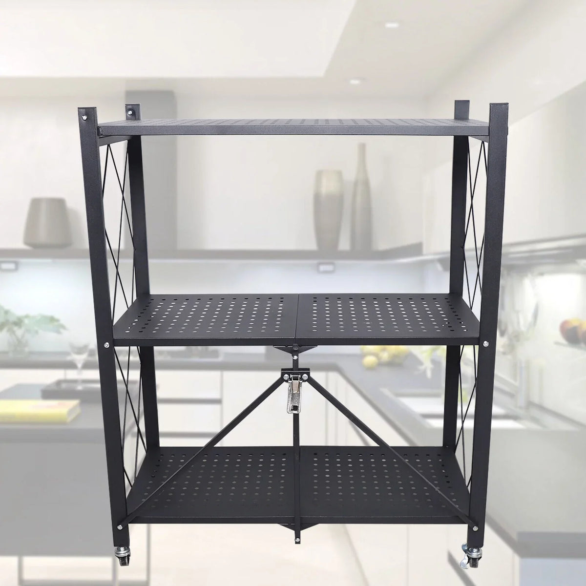 Foldable Storage Metal Rolling Rack Holder Kitchen Cart Wheel with Movable Shelves Trolley Utility Miumaeov 3-Tier (Black)