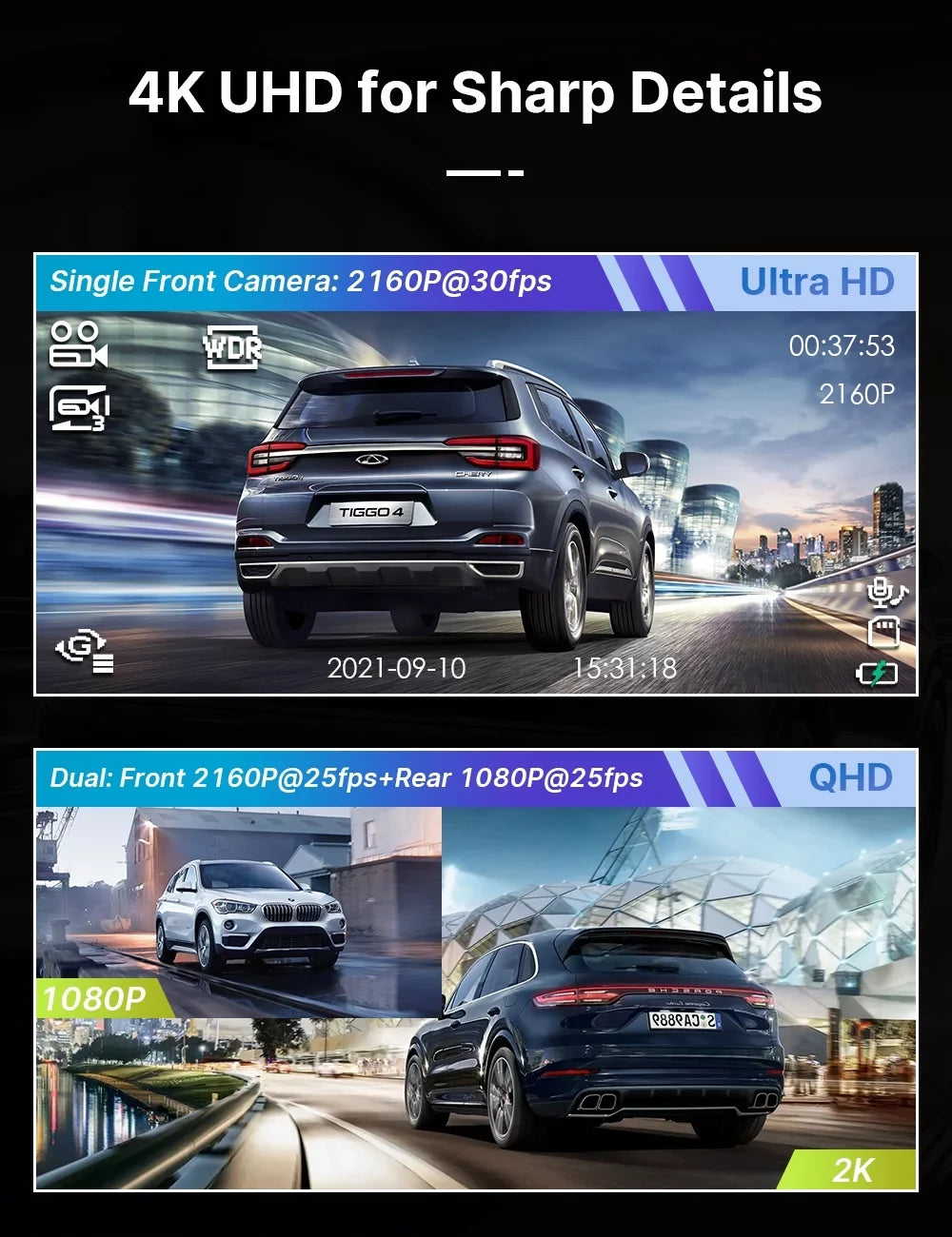 Dash Front Cars, for Rear 256GB with Support Monitor, and 3" Cam Camera Dual Cam 4K+1080P Dash Car Dash Parking