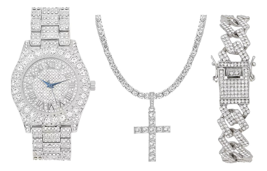 Cross Be (18") Out ZZ Cuban SLV Matching Set Out Set Bracelet 3pc SLV Luxury Charles Choose - - Lit Tennis Raymond & Wristwatch Quartz Necklace Iced Classic Blinged w/Diamond The ST10327RN Mens