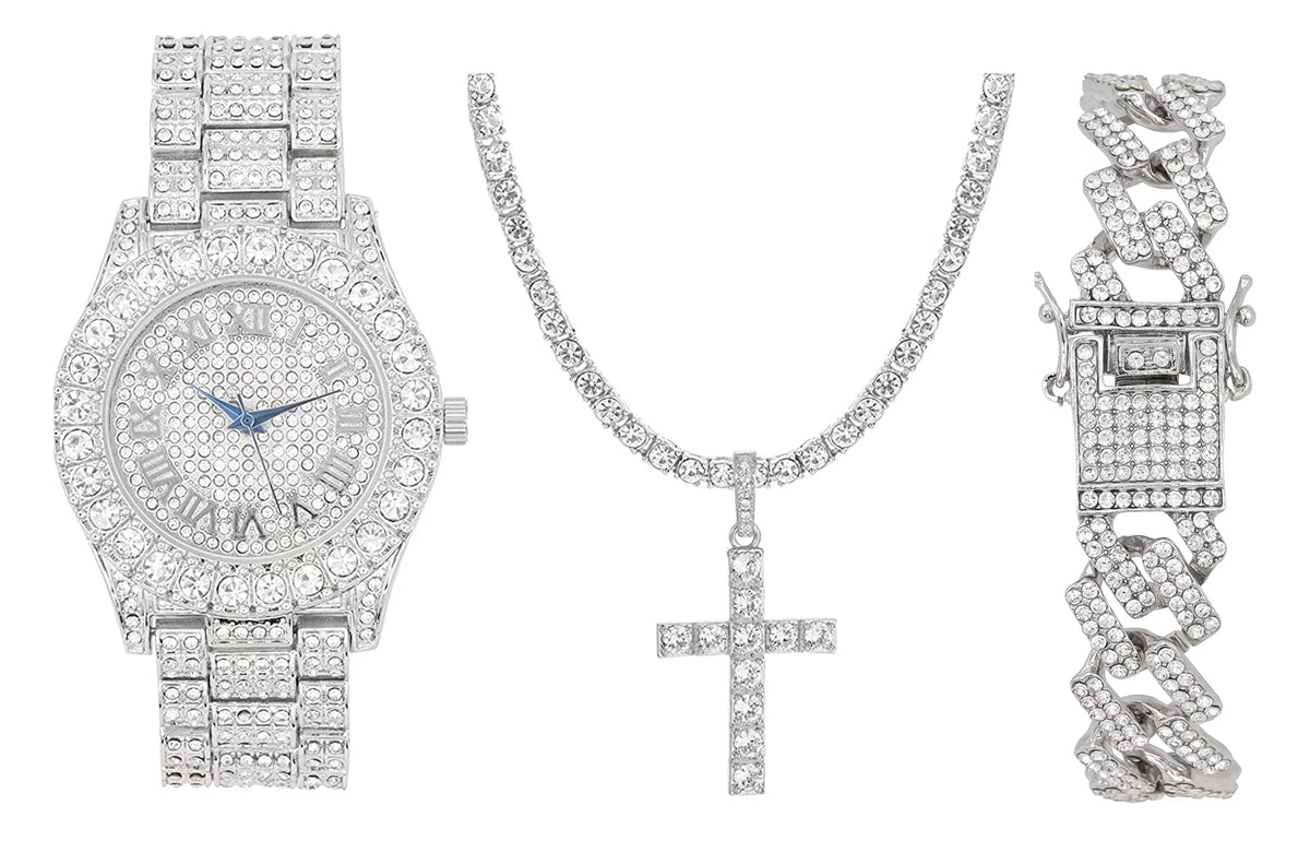Cross Be (18") Out ZZ Cuban SLV Matching Set Out Set Bracelet 3pc SLV Luxury Charles Choose - - Lit Tennis Raymond & Wristwatch Quartz Necklace Iced Classic Blinged w/Diamond The ST10327RN Mens