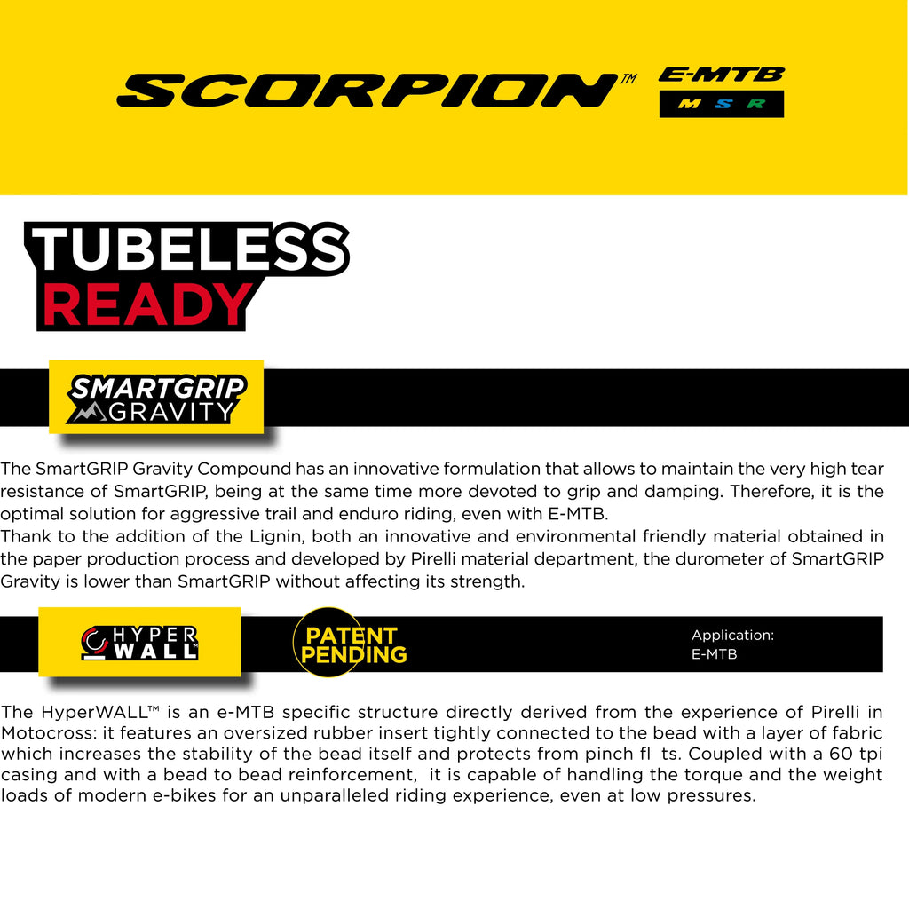 '+ 2.6 MTB, Tubeless E-Bike 23/32-622 x E-MTB Ready Terrain, Mountain Scorpion E-Mountain Enduro SmarTUBE Tire, for Use, Mixed and Clincher Trail Bike Versatile TLR 29 Bicycle Pirelli Tire M