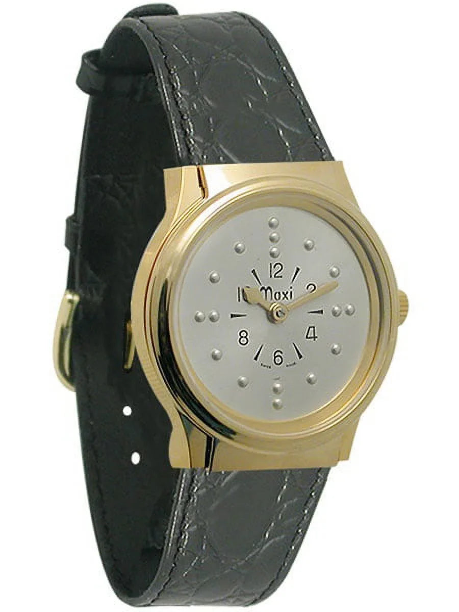 Braille with Band Mens Watch Quartz Leather Gold-Tone
