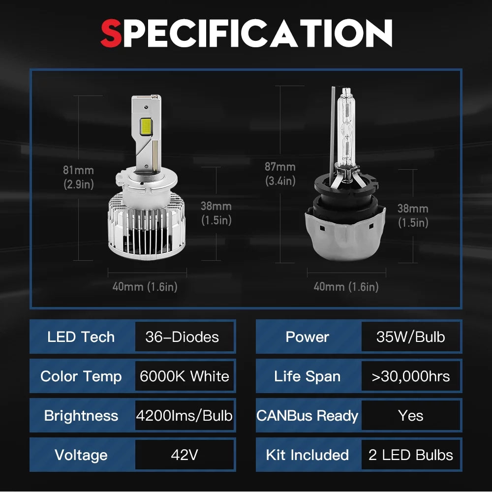 45V and Lamps Error White Xenon Headlight Beam Play HID Light VEHICODE Beam 6000K Free Bulb CANBus with Kit Automotive (2 Pack) Plug LED Low High Replacement D4S and D4R Ballast 35W Conversion