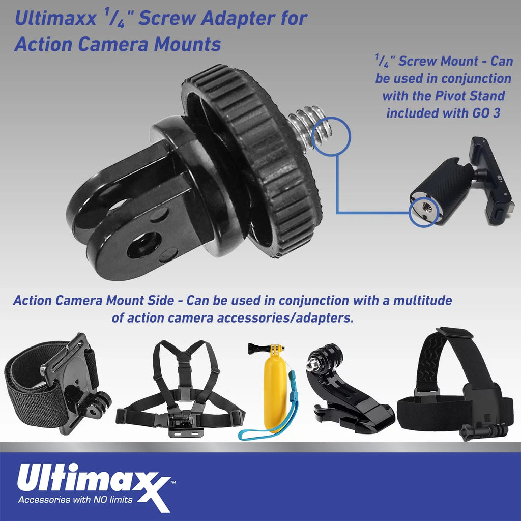 Screw GO Cam Includes: 3 Mounts, (25pc Metal Mini More Bundle Adapter Advanced Bundle) 1/4” Insta360 (128GB) Ultimaxx Action Camera Action - & for Dolly