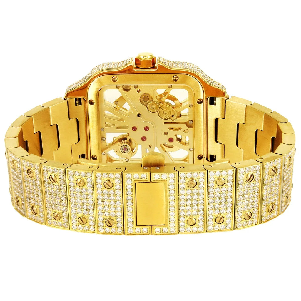 Tone Steel Diamond Mens Watch 14K Gold Dial Automatic Moissanite Custom Stainless Skeleton
