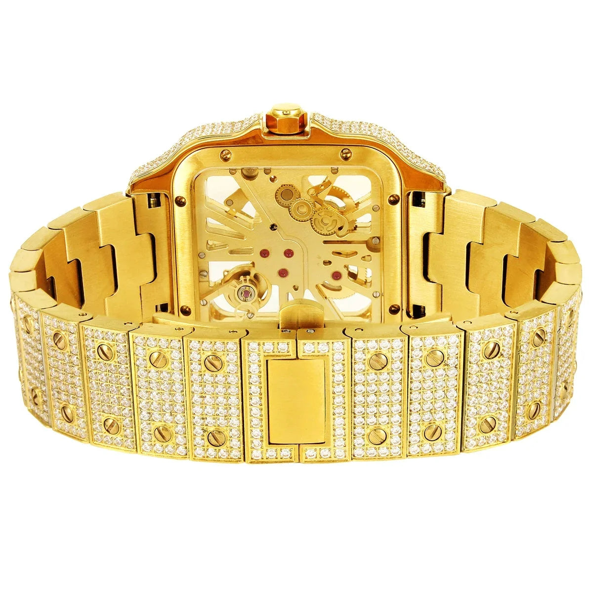 Tone Steel Diamond Mens Watch 14K Gold Dial Automatic Moissanite Custom Stainless Skeleton