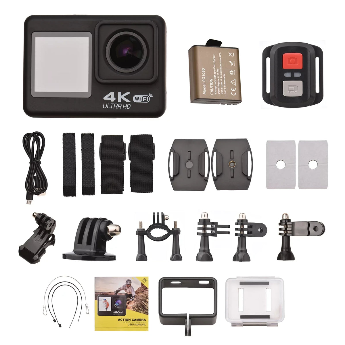 Screen, WiFi Dual Ultra Black Waterproof, Wide Camera, Kit, 30 Angle, Accessories 170° Mounting Definition Meters Action Radirus with High Camera 4K60FPS Sports