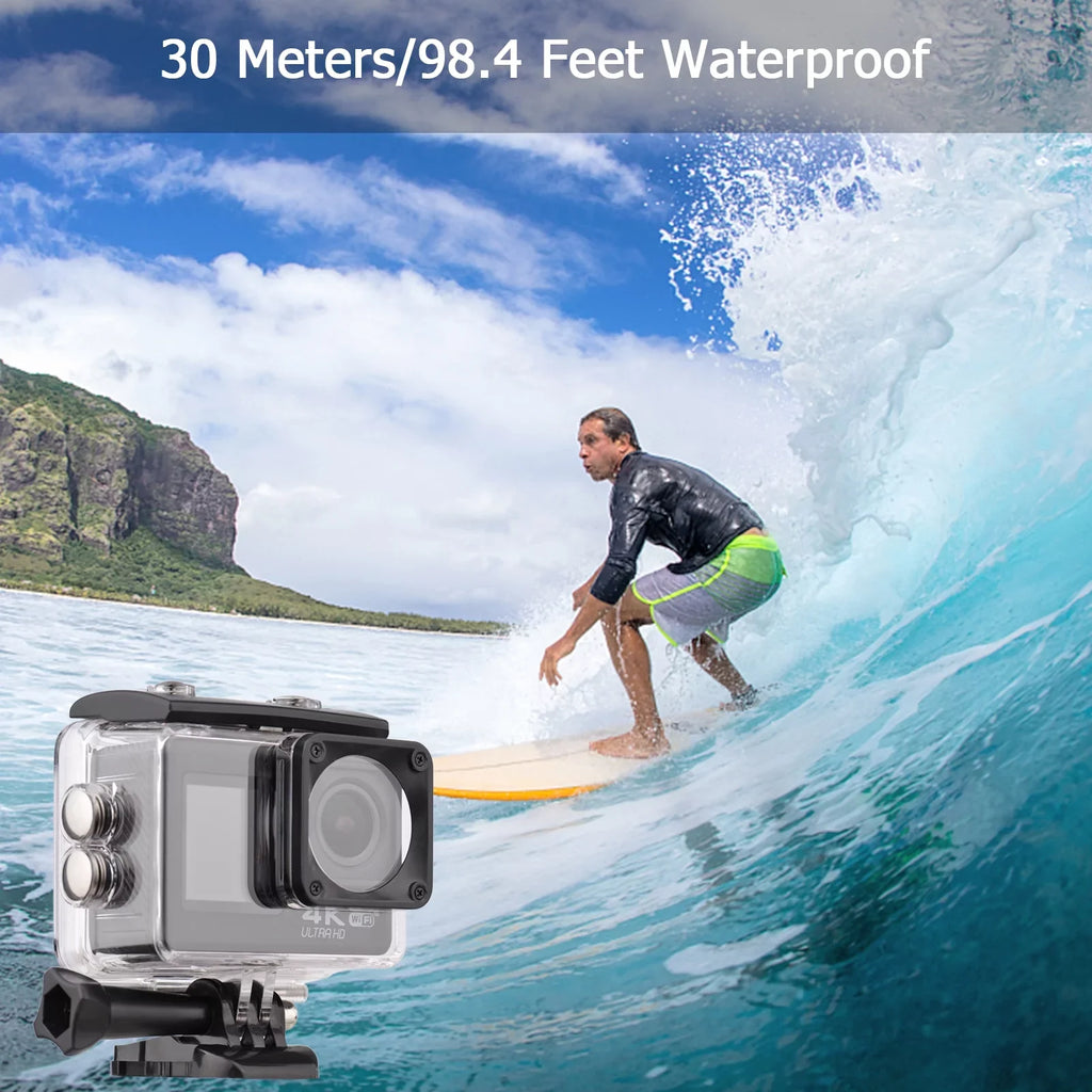 Screen, WiFi Dual Ultra Black Waterproof, Wide Camera, Kit, 30 Angle, Accessories 170° Mounting Definition Meters Action Radirus with High Camera 4K60FPS Sports