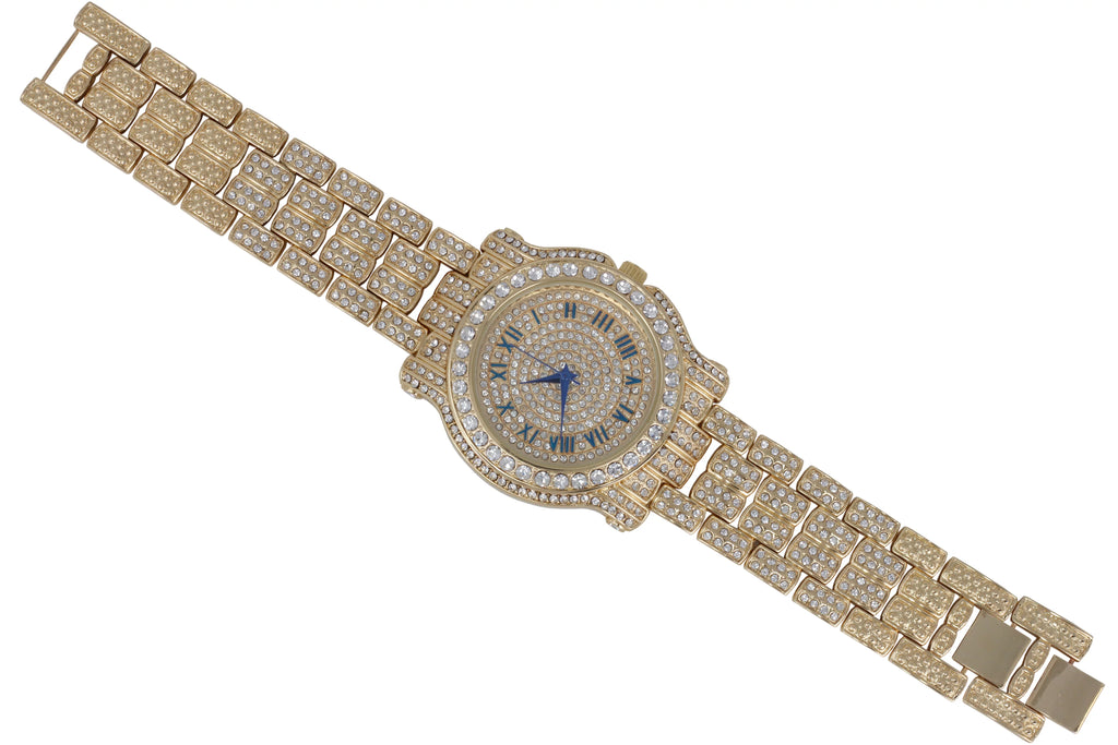 '- Out Ring Mens King 3pc Cuban w/Bling-ed Bracelet Out L0504 Luxury Bling-ed BR Round Iced #Blue) Watch Set(11,Gold Set and