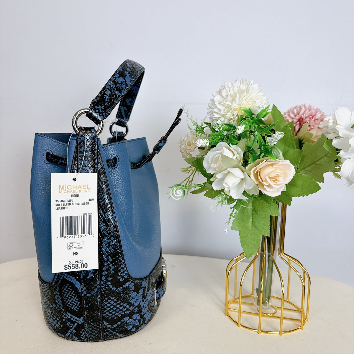 Reed DENIM Kors Michael 35S4S6RM6U IN Medium Messenger Bucket Crossbody Belted Leather