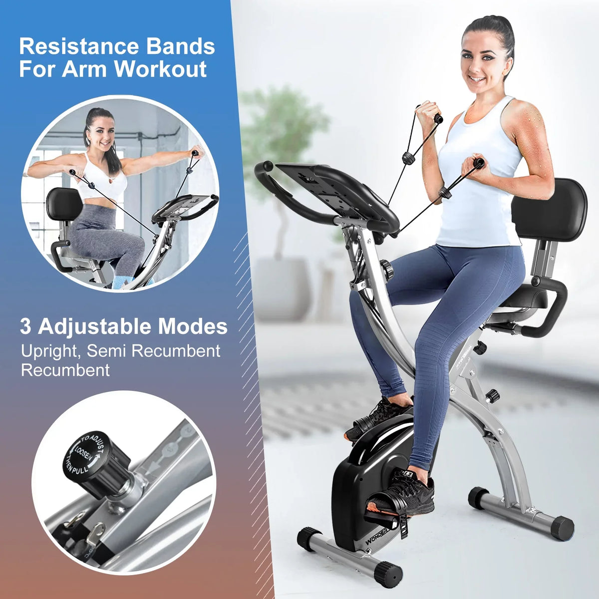 Back Indoor Recumbent Workout Arm with Folding Magnetic Wonder Front Bands Bike, Upright Maxi and Exercise Resistance