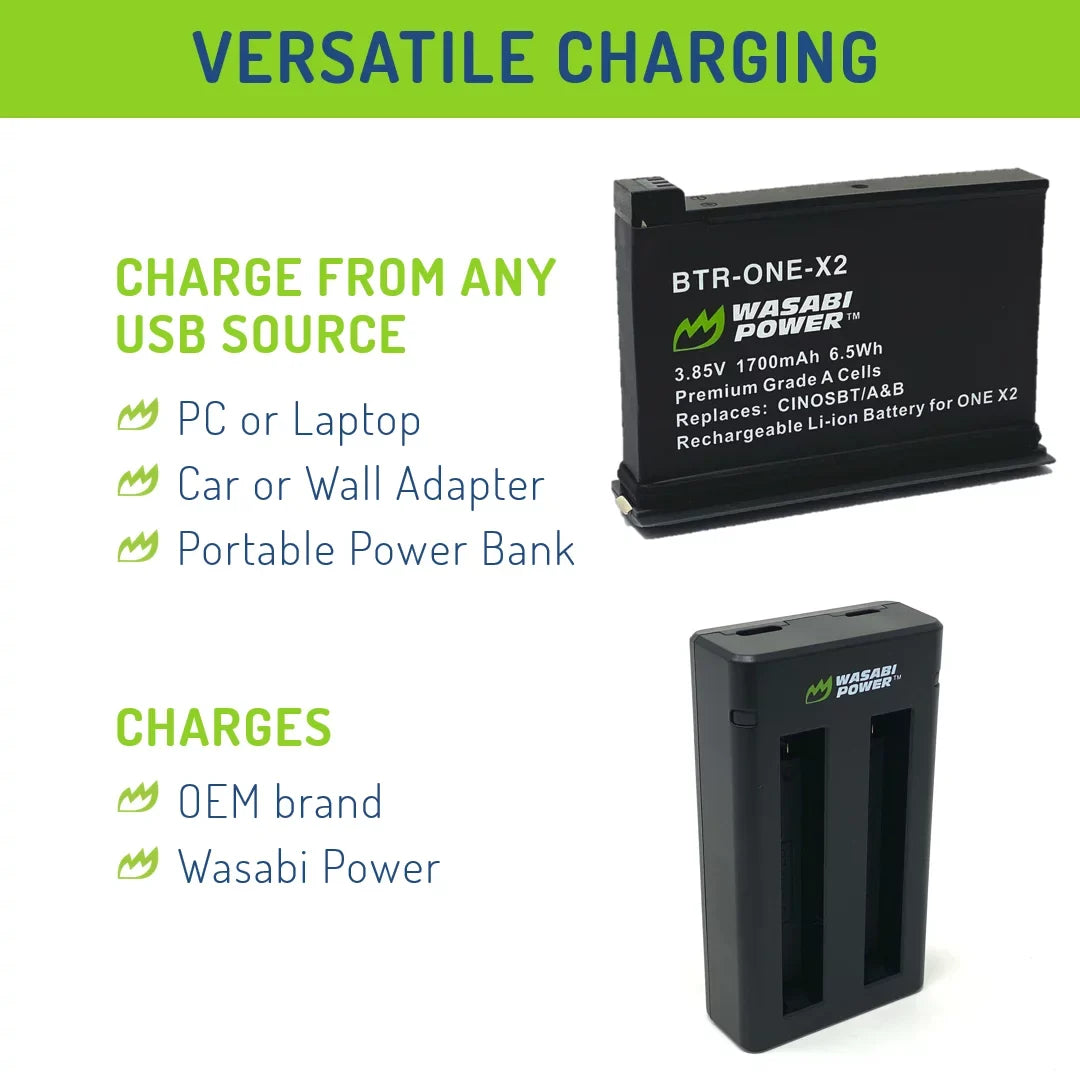 Dual (2-Pack) and ONE Wasabi Battery X2 (Not Power for Charger Insta360 Waterproof)
