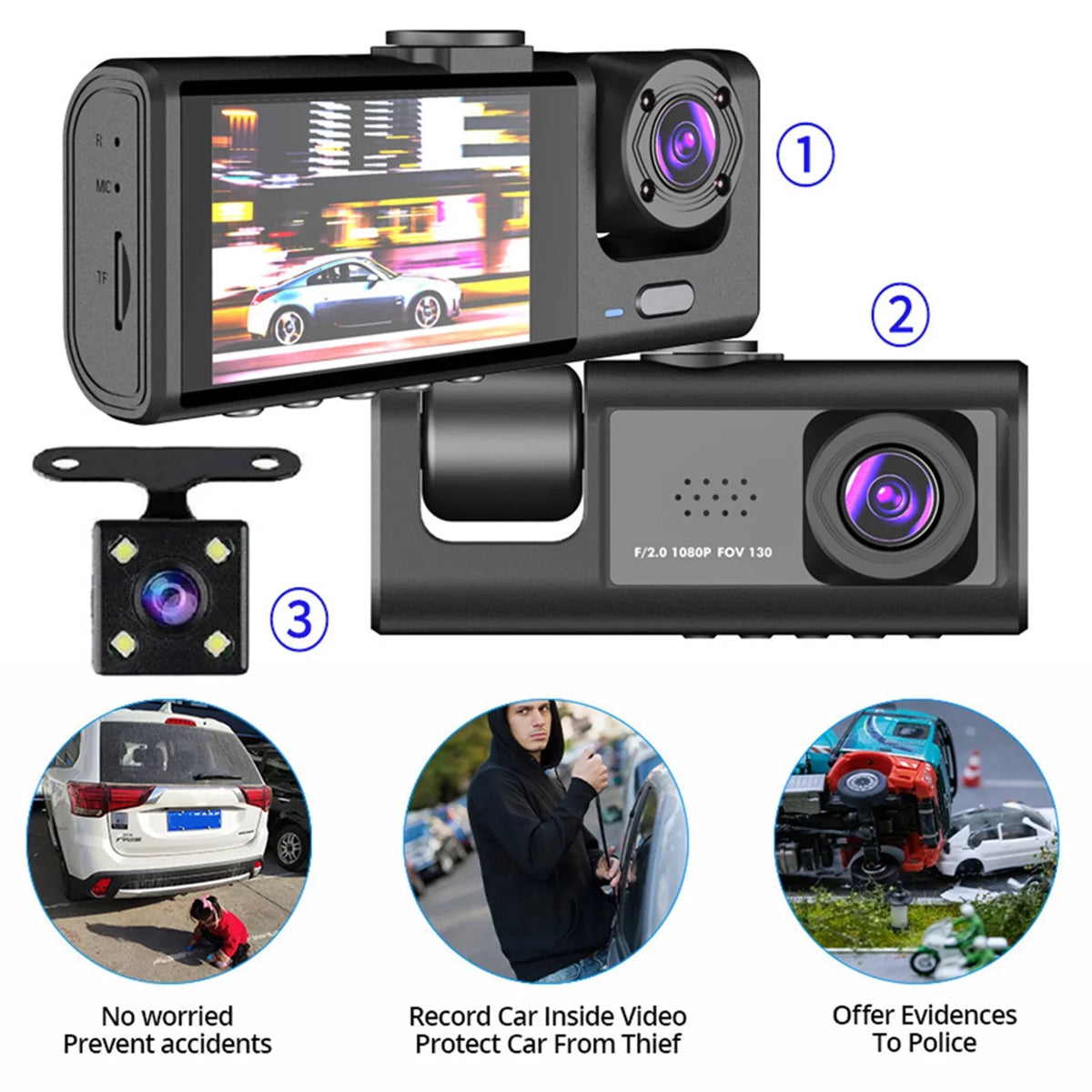 Nebublu Auto 3 Dash Recording Cameras, Safety Video Car Camcorder, Recorder Camera with Driving