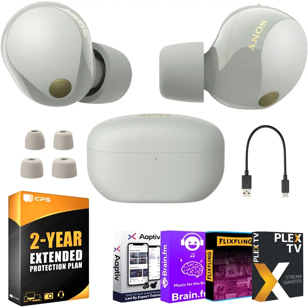 (Silver) Earbuds 2 Warranty Noise WF-1000XM5 YR Bundle Wireless with Sony Canceling