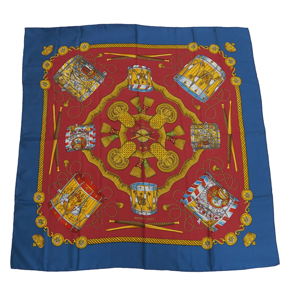 Red (Good) Hermes TAMBOURS Carre Blue Taiko Tambour x LES Scarf Pre-Owned 90 HERMES Muffler