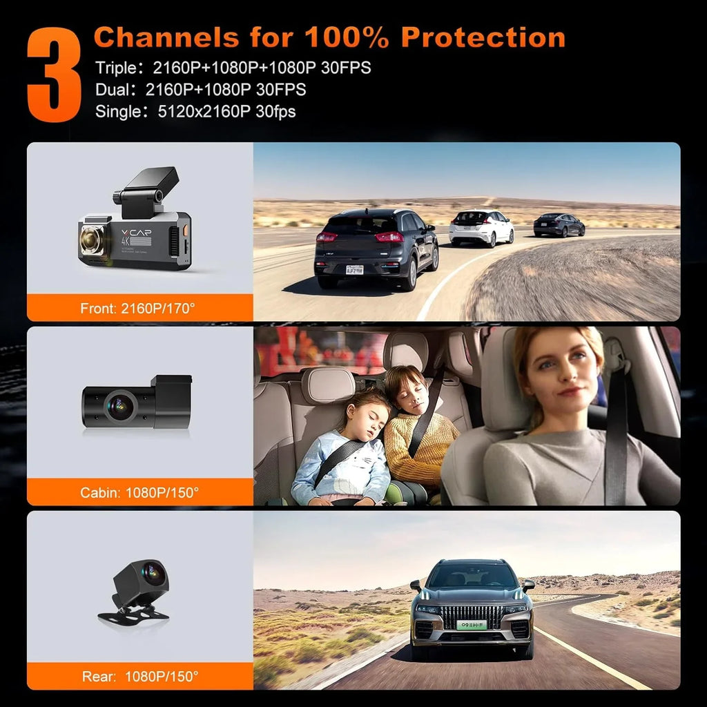 GPS 64GB Cam Mode 5K 3 Car Dash WiFi Inside with Front Camera Card R39 IPS VVCAR Dashboard Parking Recorder Rear 3.99" Channel