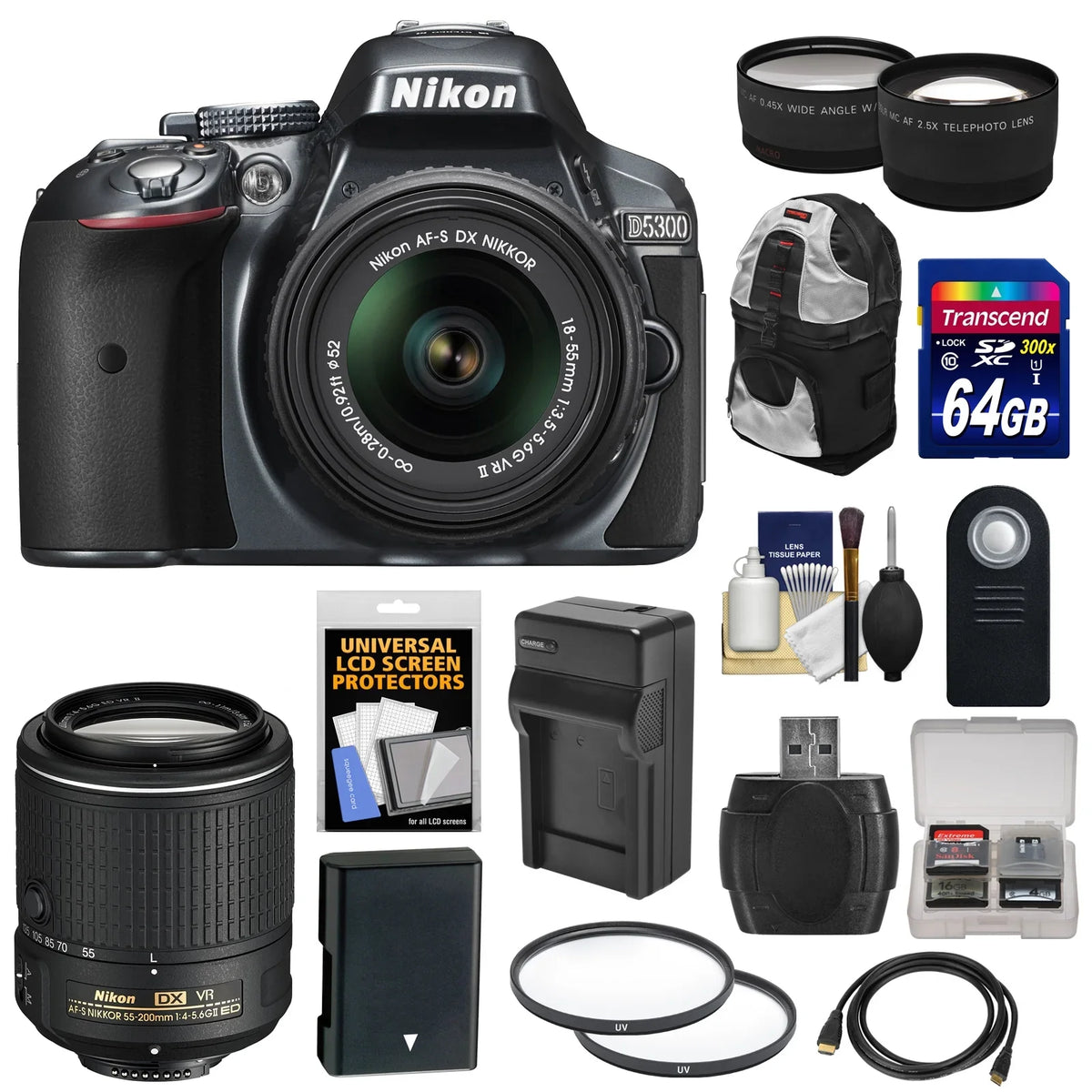 64GB 18-55mm II Lens + Card II Nikon Tele/Wide + SLR Backpack with (Grey) + Camera G & + Digital D5300 Kit VR Charger Battery Lens & Lens VR 55-200mm